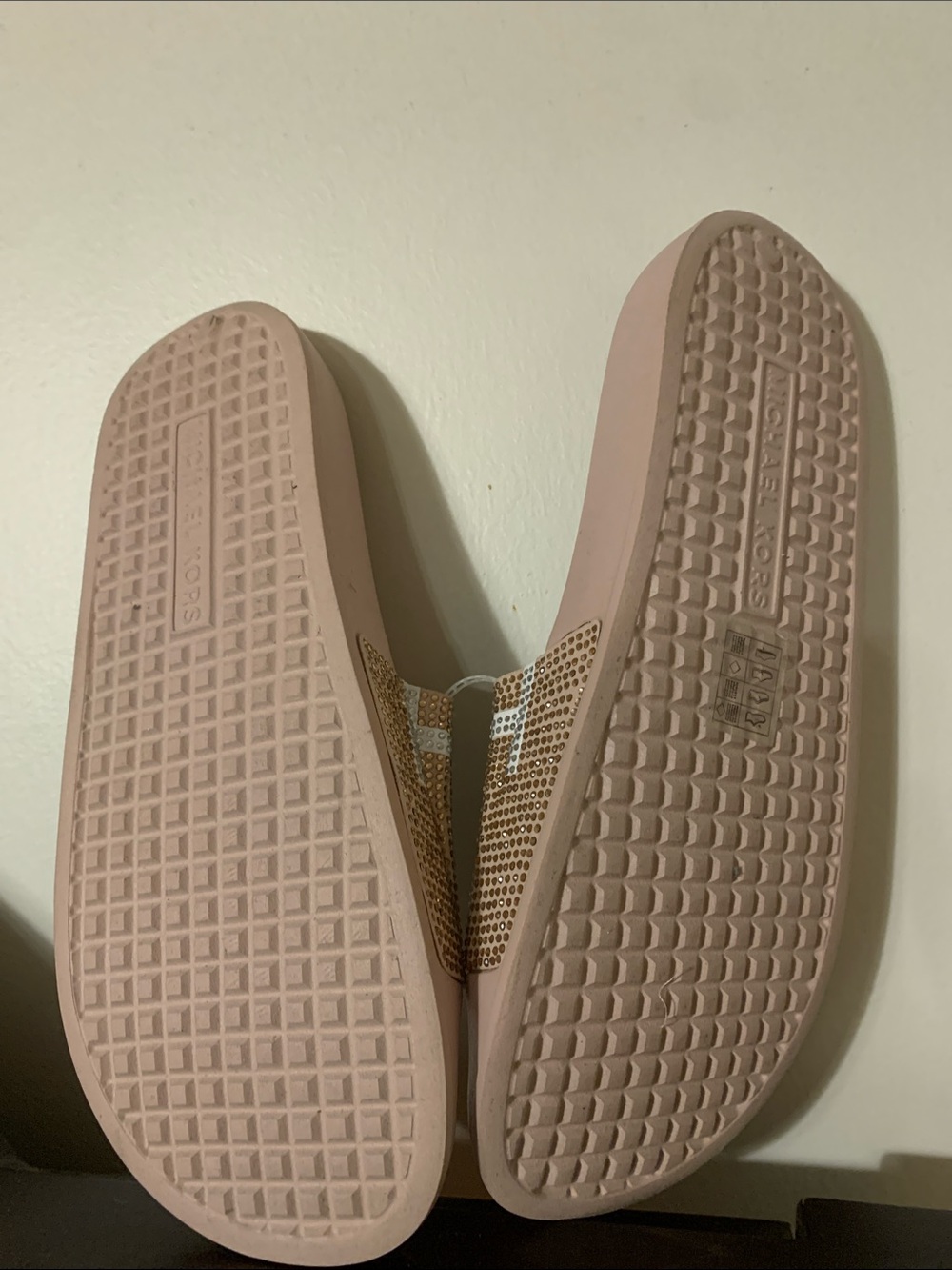MICHAEL KORS Blush Pink Crystal Logo Slide Sandals - Picture 3 of 3